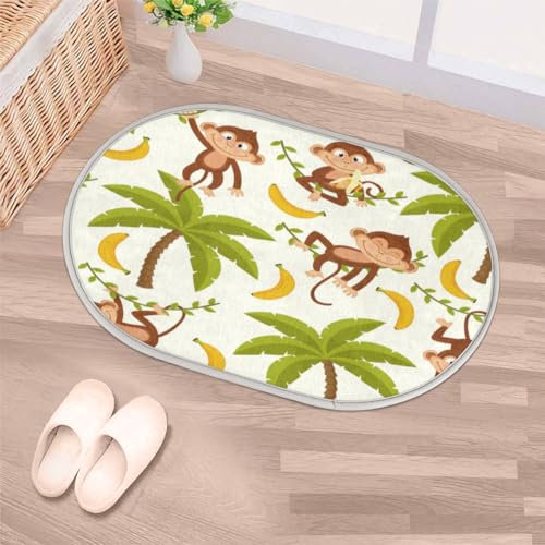 Affen-Bananenbaum-Fußmatte, oval, Plüsch, zottelig, kleiner Bereich, 40,6 x 61 cm, weich, saugfähig, Badematte, waschbar, rutschfest, Bodenteppich für Eingangsbereich, Schlafzimmer, Badezimmer,