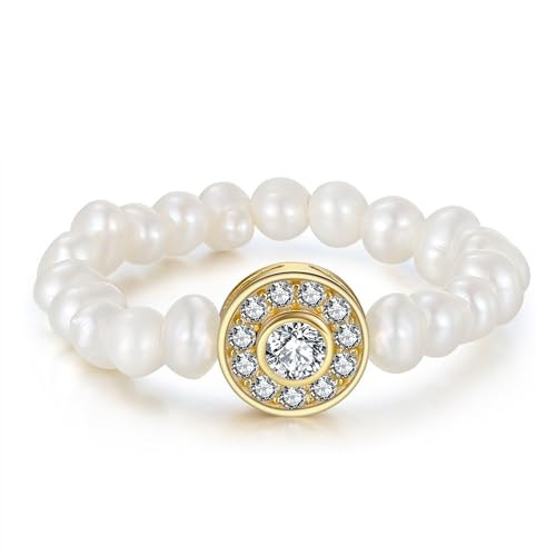 Bellitia Jewelry Damringar pärlringar vit äkta 925 sterling silver elastisk pärlring högkvalitativa sötvattensodlingspärlor ringar för kvinnor med kubisk zirkonia, Pärla
