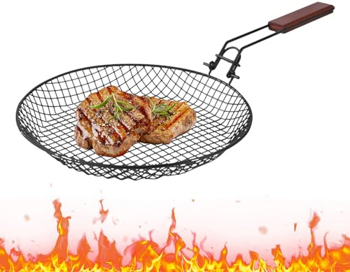 Cestas de barbacoa al aire libre, Cesta de barbacoa con mango de madera, Cesta de barbacoa de acero inoxidable inoxidable para pescado, verduras, carne de camping