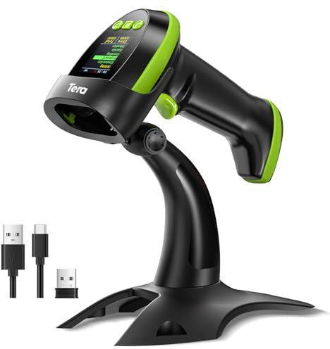 Tera Streckkodsskanner Wireless 2D med stativ: Pro-version med digital inställningsskärm och knappsats fungerar med Bluetooth 2,4 G trådlös USB-kabel extra snabb handhållen HW009-Z grön