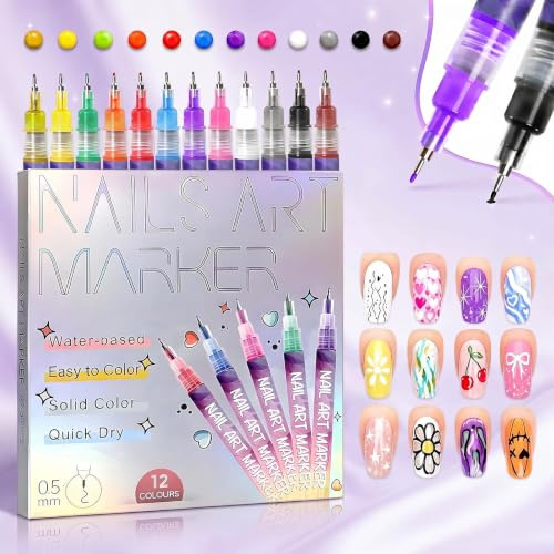 3D fin spets nagelkonst, 12 färger, 0,5 mm - markörer för nagel nagellack graffiti-spets spets ritborste för hemsalong för snabb nagelkonst gör-det-själv