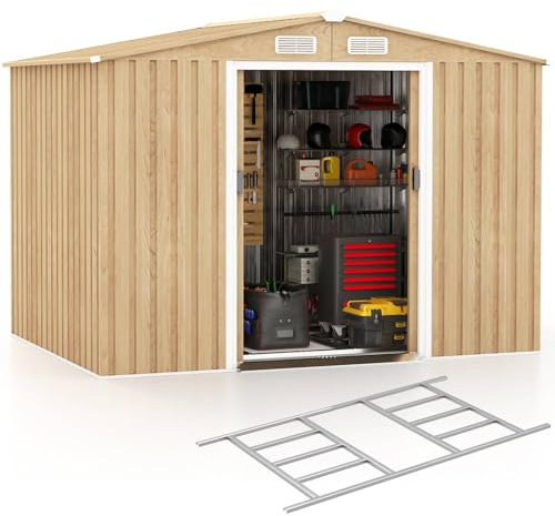 TANGZON 8.5x6.5FT/6.5x4.5FT Metal Garden Shed, Galvanized Storage Tool House with 4 Vents, Lockable Doors, Ramp, Waterproof & Windproof, Utility Tool Shed Organizer (8.5×6.5FT with base)