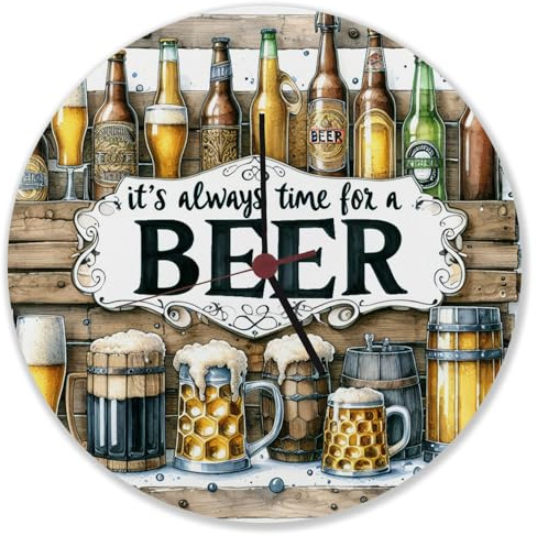 Bier Wanduhr mit Spruch It's Always time for a Beer Verschiedene Biere auf hölzernem Hintergrund Trinken Biertrinker