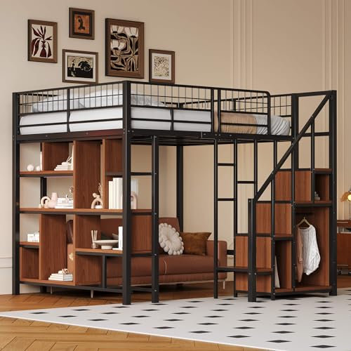 MQGPM Hochbett Metallbett 140x200 cm mit Stauraum und Treppe, Einzelbett mit Ablageflächen und Lattenrost, Bettgestell mit offenem Schrank, Bett für Kinder, Jugendliche und Erwachsene, Schwarz