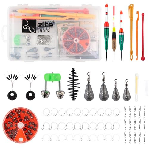 Zite Fishing Allround Angelzubehör-Set Groß in Box – Angeln Grundausstattung mit Posen, Blei-Gewichten, Haken, Futterkorb & Mehr - Angelausrüstung in Sortierbox