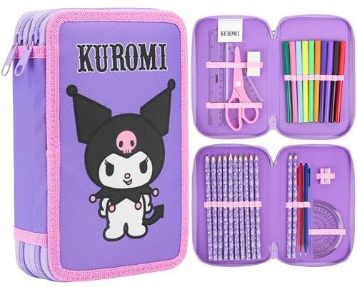 Hello Kitty Federmäppchen Mädchen Federtasche Gefüllt mit Schulsachen Buntstifte Filzstifte und Vieles Mehr Cinnamoroll Kuromi Sanrio Geschenk Idee (Mehrfarbig Kuromi)