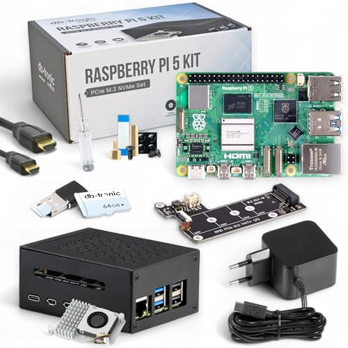 Raspberry Pi 5 4GB PCIe M.2 NVMe – set | Metallhus | Active Cooler | M.2 NVMe SSD PCIe Board | Officiell USB-C 27 W strömförsörjning | 64 GB Edition | 4K Micro HDMI