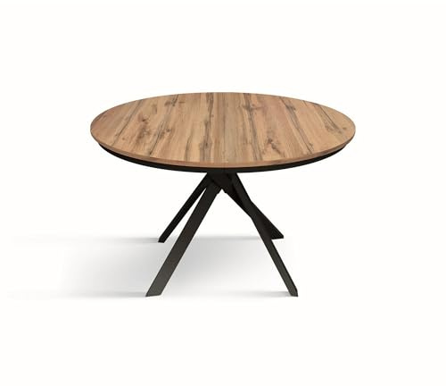 KONTE.DESIGN Runder Tisch PANTELLERIA aus Holz in rustikaler Eiche mit gekreuzten Beinen aus anthrazitfarbenem Metall, ausziehbar, Durchmesser 120 cm - Durchmesser 170 cm