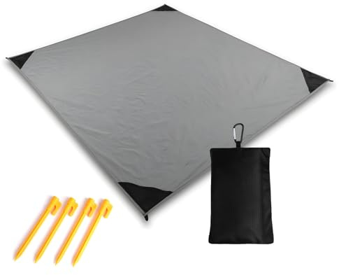 Picknickdecke Ultraleicht Ultradünne Tragbare Stranddecke, 210 x 200 cm Outdoor Decke Kompakt Strandtuch mit Praktischem Karabiner für Strand, Reisen, BBQ, Picknick, Camping und Wandern (Grau)