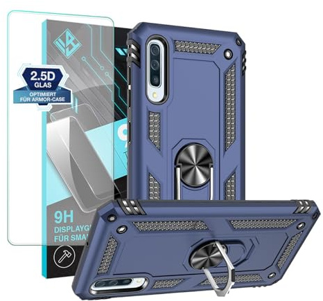 LBH Outdoor Hülle für Samsung Galaxy A50 mit Displayglas Armor Militär Stoßfest Handyhülle 360 Grad Metal Ring Halter Ständer Schutzhülle für Handyhalterung Auto Magnet Blau