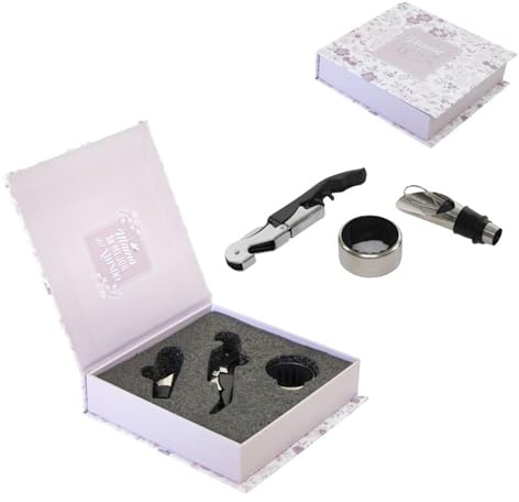 ROCKING GIFTS Juego 3 Accesorios Vino Metal 15x3.5x15cm. Abrebotellas, Tapón, Vertedor