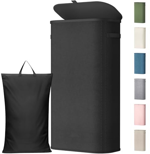 Lifewit 75L schmaler Wäschekorb mit Deckel, Schwarz | Schlanke faltbare Wäschebox mit herausnehmbarem Wäschesack und Tragegriffen für kleine Bäder, Schlafzimmer und Waschküche