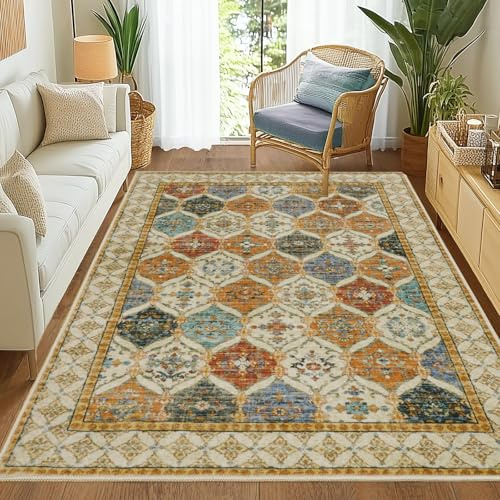 MAST DOO Teppich Wohnzimmer Waschbarer 120x160cm, Boho Kurzflor Wohnzimmerteppich Groß Teppich für Esszimmer Schlafzimmer Büro, Waschbar rutschfest Teppiche Carpet, Farbig