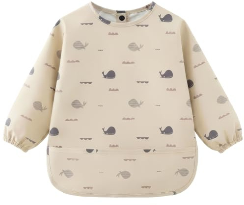 AOOTE Bavaglini a Manica Lunga, Bavaglini Impermeabili con Maniche, Bavaglino per Svezzamento con Tasca, Bavaglino Unisex per Bambini, Lavabile in Lavatrice, Materiale PU, per 6 a 12 Mesi,Balene