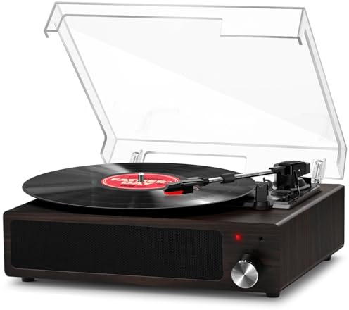 Plattenspieler, FYDEE Vinyl-Plattenspieler mit Eingebauten Stereo-Lautsprechern, 3 Geschwindigkeiten 33/45/78 RPM, Bluetooth-Schallplattenspieler, mit RCA-Ausgang und AUX-Eingang, Schwarznuss