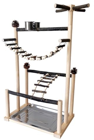 FGDTREE Stabiler Papageien-Trainingsständer aus Naturholz mit abnehmbarem Tablett, Kletterleiter, drehbare Sitzstange für große Vögel