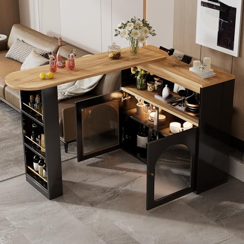 Gxffipw Ausziehbarer Bartisch mit 2 Tür und LED-Licht, 360°Drehbarer Esstisch mit Stauraum, Sideboard Bartisch Küche mit Offene Fach, Küchenschrank Barschrank für Esszimmer, Schwarz, 138-193x39x105 cm