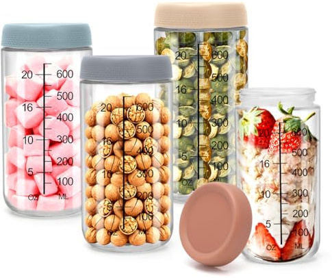 Wapasezyar 4 stycken förberedelseglas, 750 ml övernattningsglasburkar, glasburkar med lock och skala, mealprepsburkar, rund, konserveringsburkar för yoghurt, pudding, sylt och sallad