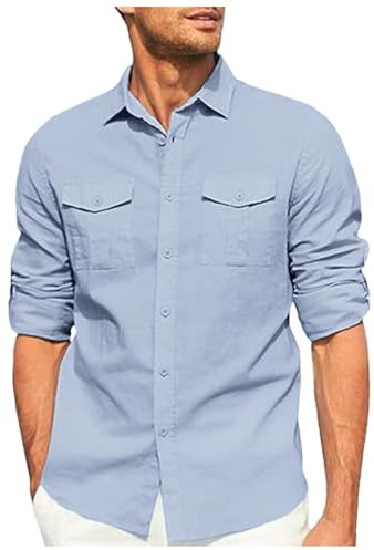 Mens Formal Shirts Men's Shirt Double Pocket Cotton Linen Long Sleeve Shirt Casual Holiday Adult Romper Men (Light Blue, XL)