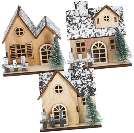 HONITANO Set 3 Mini Case di Natale in Legno Luci LED Calde, Decorazioni Natalizie Artigianali per Centrotavola e Villaggi Festivi, per Addobbi Casa e Hobby Fai da Te