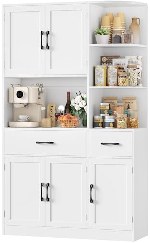 HOCSOK Küchenschrank, Buffetschrank Weiß, Sideboard mit 5 Türen, Eckregal Ecki, Arbeitsplatten und 2 Schubladen, Vorratsschrank für Küche, Wohnzimmer, Esszimmer, 177 x 104 x 34 cm