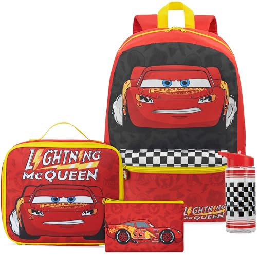 Get Trend Disney Cars Grand Sac a Dos Garcon Set, 4 Pcs Flash McQueen Grand Cartable 46 cm, Gourde 500 ML, Sac Isotherme Repas Enfant et Trousse Scolaire (Rouge/Jaune Cars)