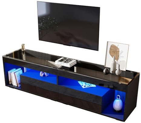 Generisch Meuble TV en bois laqué LED, adapté pour des téléviseurs jusqu'à 70 pouces, meuble TV noir avec 2 tiroirs pour le salon.