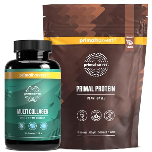 Primal Harvest Zwei-Schritte-Tagesroutine | Multi Collagen Kapseln + Vegan Protein Pulver Chocolate | 2er-Pack | 30 Tage