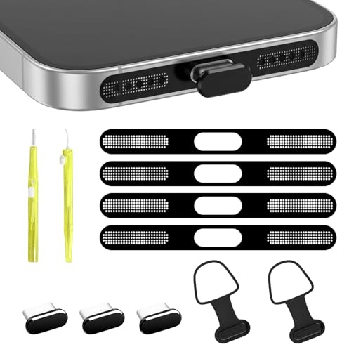 Kit de limpieza de teléfono con enchufe antipolvo USB C 11 pcs de cubierta de puerto de carga a prueba de polvo, herramientas de limpieza accesorios de teléfono para iPhone 17 Pro/17/16 Pro/16 (Negra)