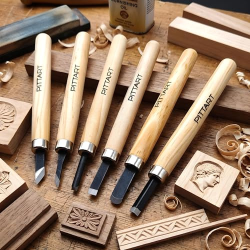 BullTek Juego de 6 cinceles para tallar madera, acero carbono – Kit de gubias profesionales para escultura y tallado en madera, herramientas afiladas para tallar madera, frutas, velas y arcilla