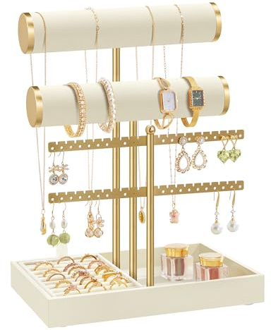 SONGMICS Porte-Bracelet, Présentoir à Bijoux, Support Bracelet, 2 Niveaux, Support pour Boucles d’Oreilles, Plateaux en Velours, Support Amovible, Blanc Crème et Doré Clair JJS046W101