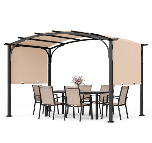 COSTWAY Pergola, paviljong med justerbart skjuttak, 3 x 2,4 m trädgårdspaviljong med solskydd, terrasstak med stålram och 8 pinnar, terrasstak för trädgård och balkong (beige)