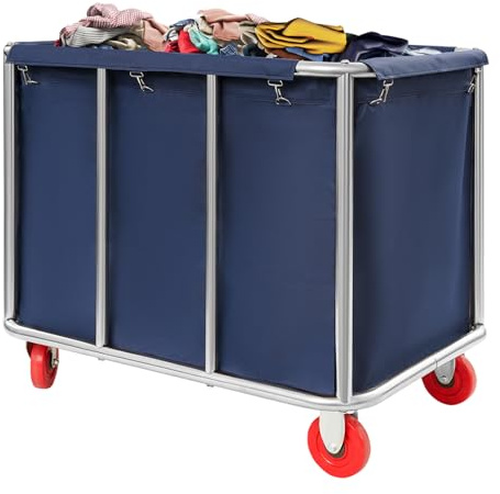 Carro de lavandería de acero inoxidable con ruedas, clasificador de ropa portátil con capacidad de carga de 200 kg, bolsa interior extraíble y gancho, para hotel, hogar, lavandería, 90 x 65 x 80 cm