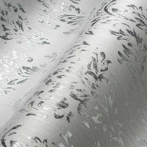 A.S. Création Architects Paper Textiltapete Metallic Silk Tapete mit Ornamenten barock 10,05 m x 0,53 m metallic weiß Made in Germany 306591 30659-1