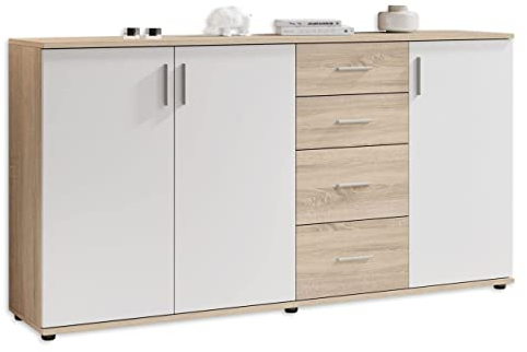 Stella Trading BOBBY Kommode in Eiche Sonoma Optik, weiß - Modernes Sideboard mit viel Stauraum für Ihren Wohnbereich - 160 x 82 x 35 cm (B/H/T)