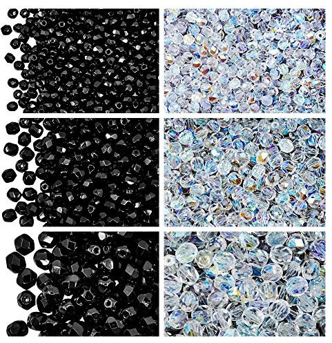 Perline di vetro sfaccettato ceche, Fire-Polished, rotonde 3mm, 4mm, 6mm. Due colori: Jet Black, Crystal AB. Un totale di 500 pezzi di perle. Set 2CFP 004 (3FP001 3FP002 4FP001 4FP002 6FP001 6FP002)