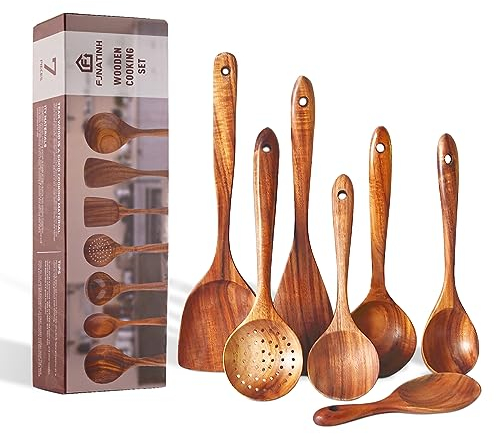 Juego de 7 espátulas de madera de teca natural, utensilios de cocina, cuchara de madera
