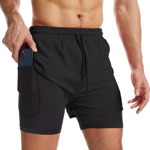 Surenow Mens 2 in 1 Running Shorts Workout Gym Athletic Shorts with Liner