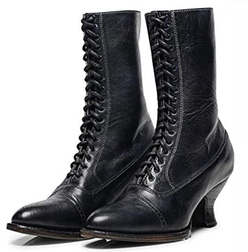 PAIDAXING Bottines à lacets pour femme - Longueur mollet - Style victorien - Cuir - Talon Louis - Vintage - Steampunk gothique, Noir , 39.5 EU