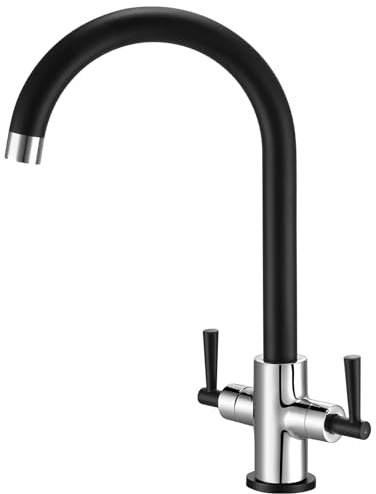 Hapilife Matte Black and Chrome Kitchen Sink Mixer Tap 1 Hole Dual Lever Swan Neck Kitchen Sink Taps Stainless Steel Monobloc Faucet 360° Swivel Spout