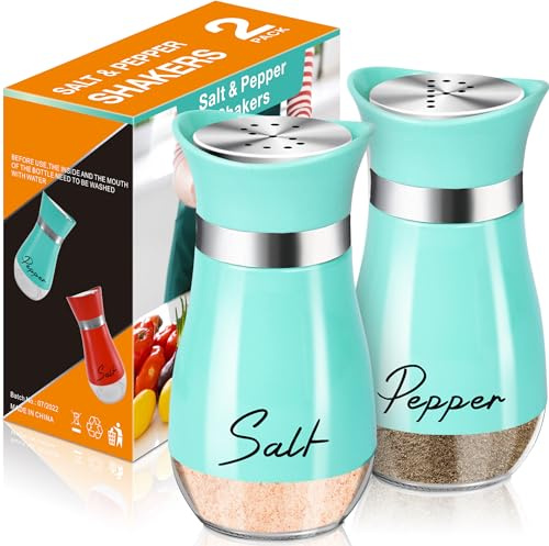 Salt and Pepper Shakers Set,4 oz Glass Bottom Salt Pepper Shaker with Stainless Steel Lid for Kitchen Cooking Table, RV, Camp,BBQ Refillable Design (Cyan-Blue)