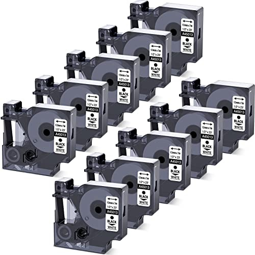 Wonfoucs kompatible 45013 Schriftband als Ersatz für Dymo D1 Etikettenband 12mm x 7m 45013 S0720530 Schwarz auf Weiß Kompatibel mit Dymo LabelManager 160 210D 280 420P LabelPoint 150, 10er Pack