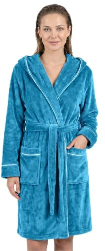 Gräfenstayn Fluffig badrock för kvinnor med huva – gosig fleece – Öko-Tex Standard 100 – morgonrock lätt och kort – storlek S – XXXL, turkos, S