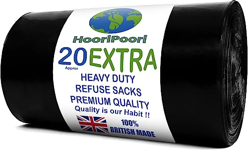 HooriPoori 100L 20 Xl Black Heavy Duty Bin Bags, 50 μm Strong Leak & Tear Resistant Dustbin Bags Roll, Bin Liners, Secured Trash bags, Refuse Sacks 100% Recycled Material & Eco Friendly