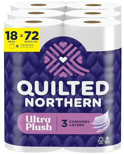 Quilted Northern Ultra Plush Toilet Paper, 18 Mega Rolls = 72 Regular Rolls, 3X Thicker*, 3 Ply Soft Toilet Tissue
