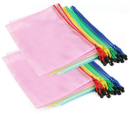 ZEONHAK 40 PCS A4 Mesh File Zip Lock Wallets, Colourful Plastic Bags Document Folder, A4 Mesh Zipper Bag, 4 Assorted Colors Zipper Storage Pouch for Office