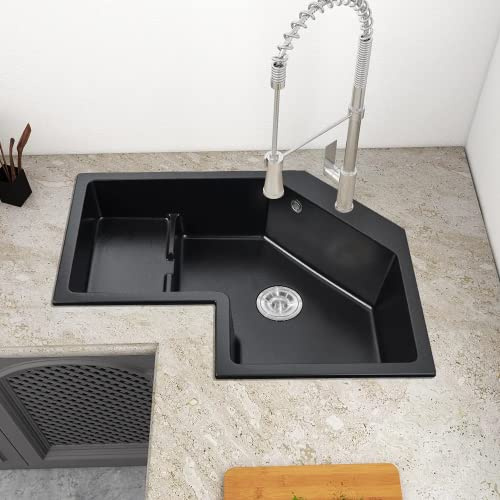 LOVEDIMA 32 Black Drop In Corner Kitchen Sink,Single Bowl Quartz Irregular Left Sink with Drain Pipe and Overflow