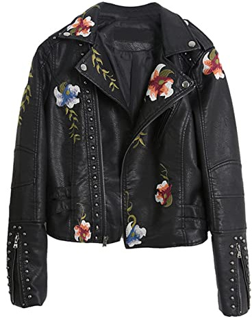 VALINK Chaqueta de cuero para mujer, remaches bordados, chaqueta de cuero floral para mujer, chaquetas de piel sintética, abrigo corto casual para primavera, otoño e invierno, color negro