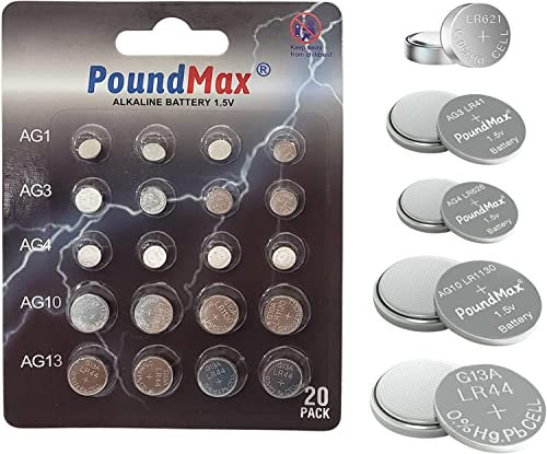 20 x AG1 AG3 AG4 AG10 AG13 PoundMax Alkaline Mixed Battery
