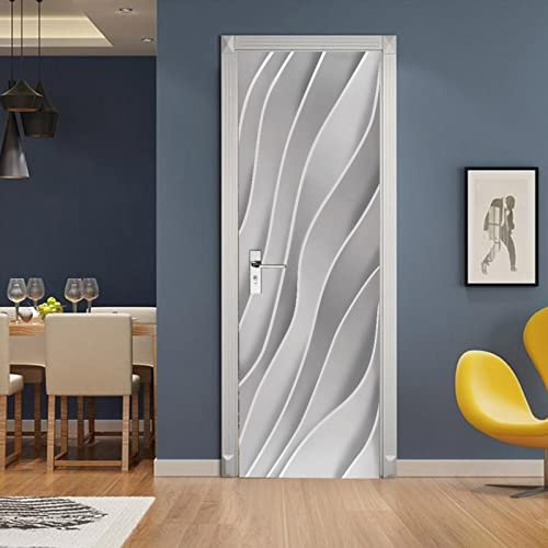 A.Monamour Adesivo Porta Autoadesiva 3D Arte Astratta Del Modello Di Onde Della Banda Bianca Vinile PVC Adesivi per Porte Interne Pellicola Adesiva Poster Sticker Murale Parete Carta da Parati